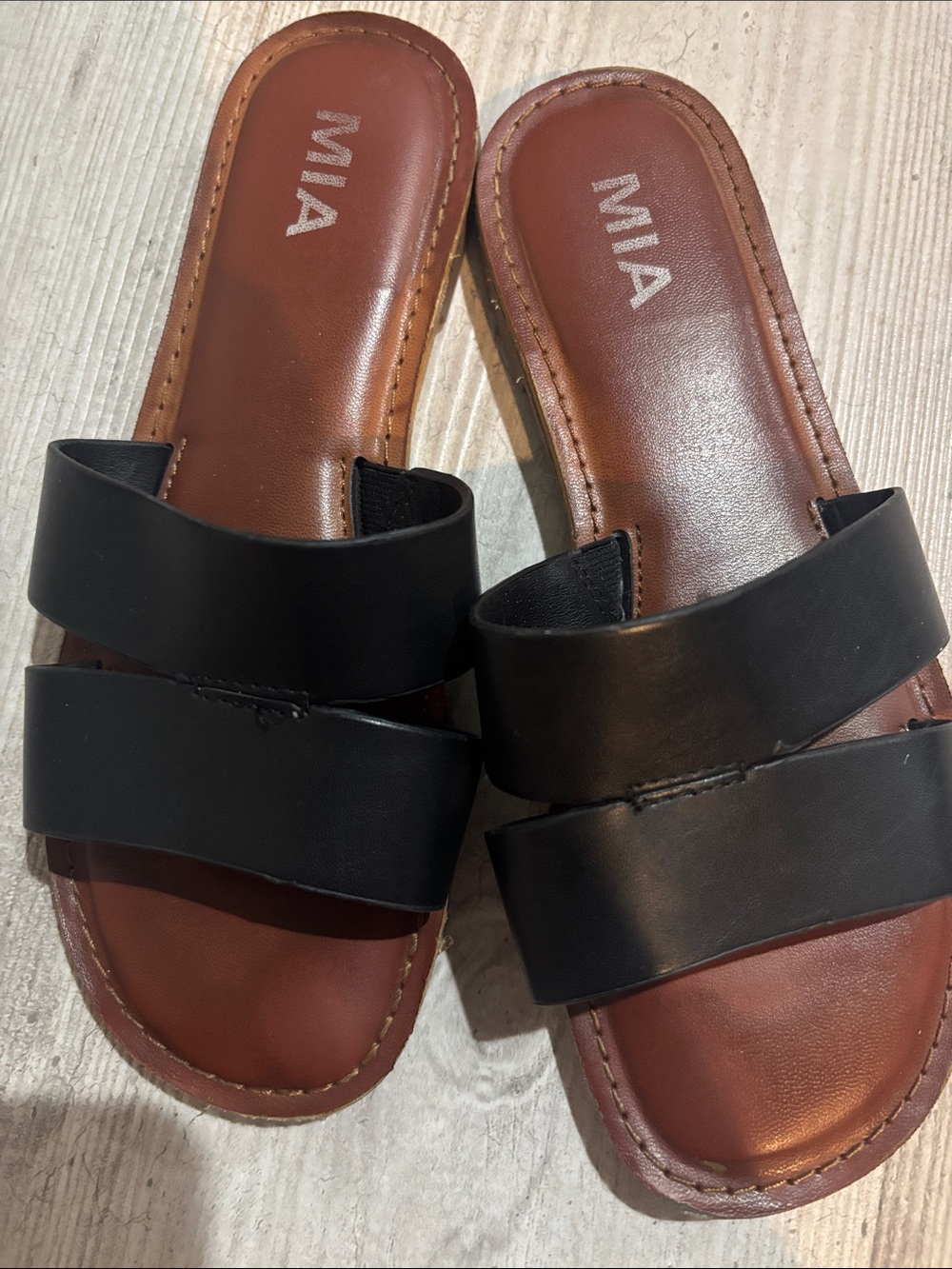 MIA Black Double Strap Slide Sandals with Brown Footbed - Picture 3 of 7